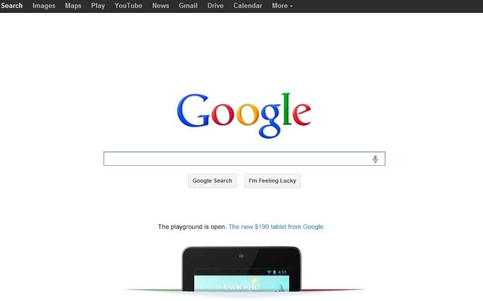 Google publicite pour la tablette nexus 7 sur sa home