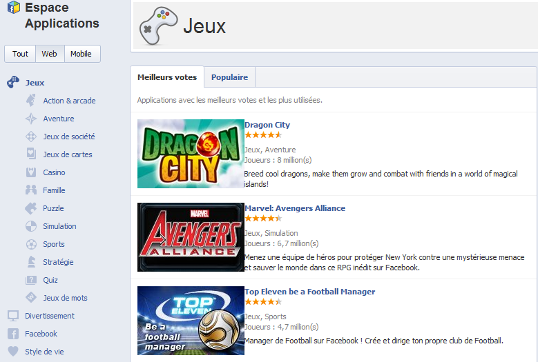 Jeux Facebook appcenter