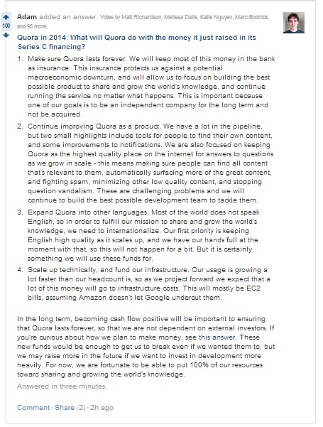 Reponse d'Adam d'Angelo de Quora sur sa nouvelle levée de fond