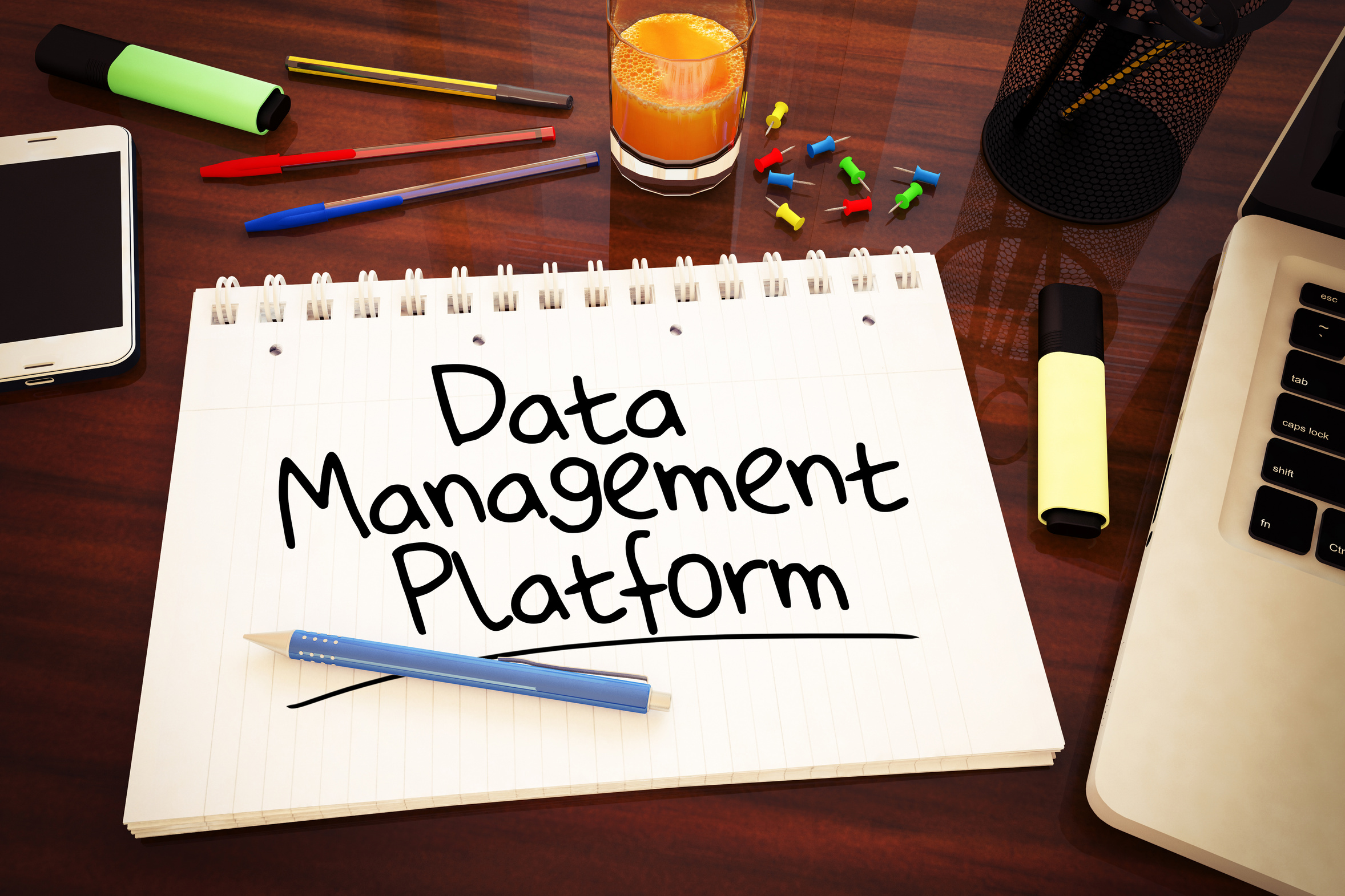 Data Management Platform - handwritten text in a notebook on a desk - 3d render illustration.