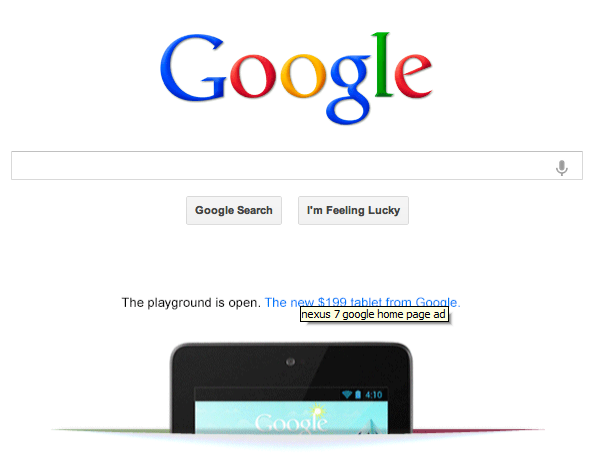 première banniere sur la page d'accueil google pour le lancement de la Tablette nexus en aout 2012